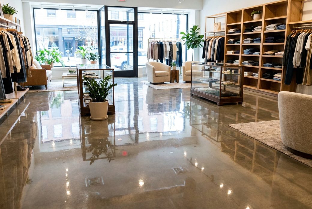 Retail floor finished with a glossy epoxy coating