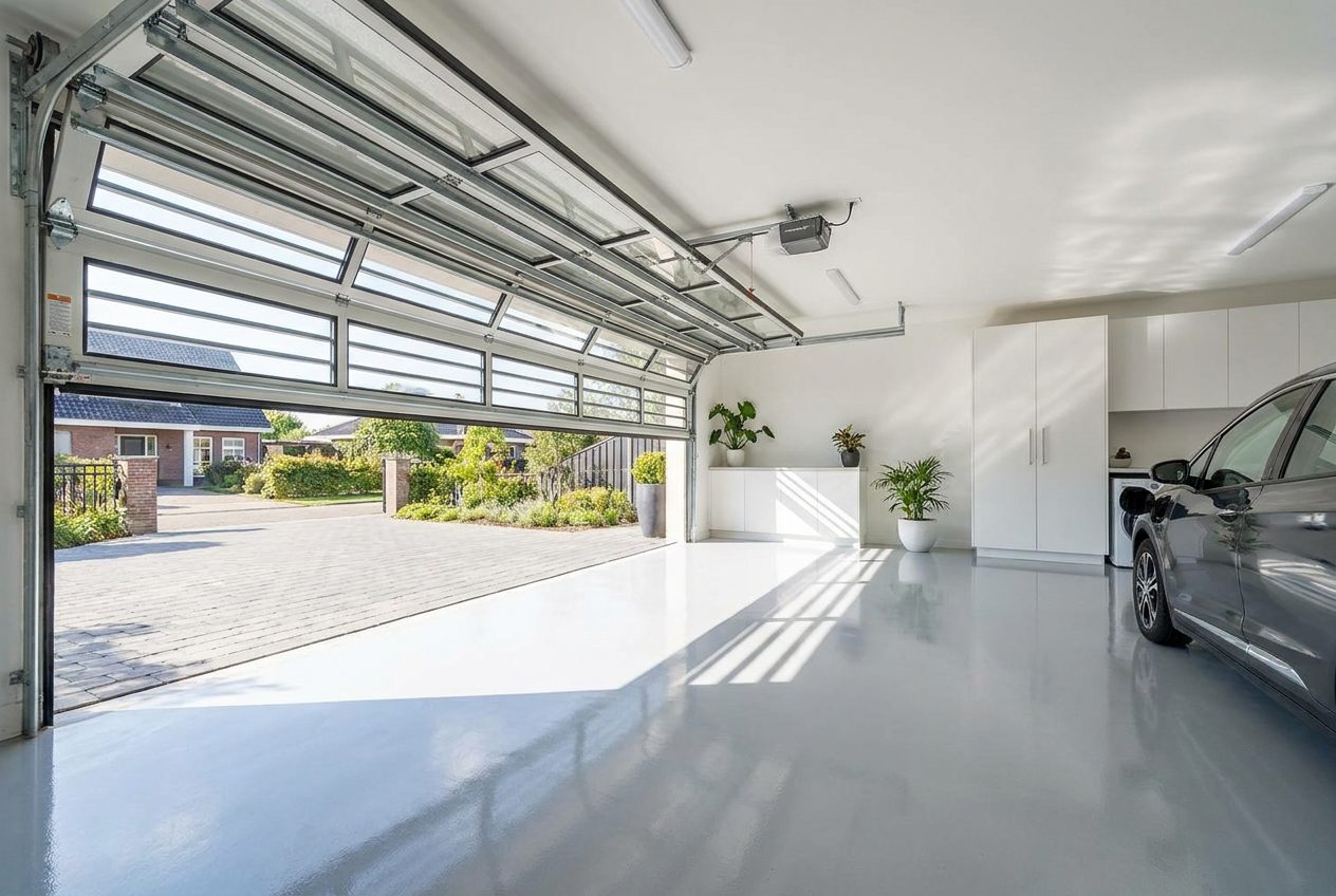 Bright modern garage with a smooth light gray epoxy floor