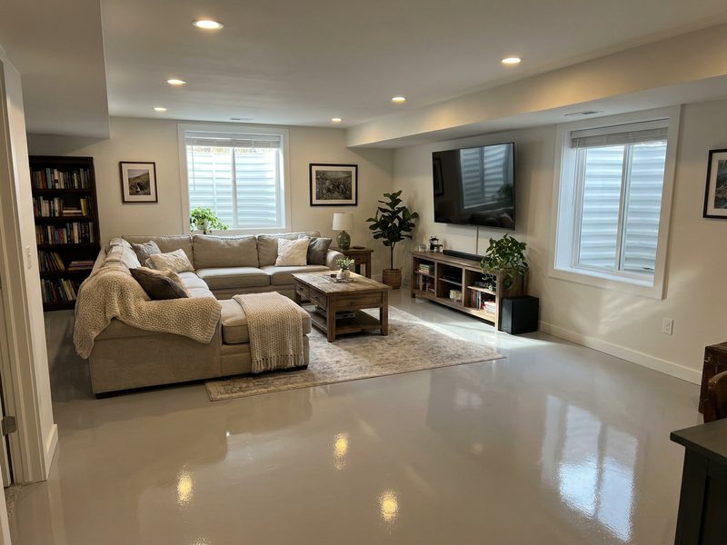 Finished basement living space with a smooth epoxy floor